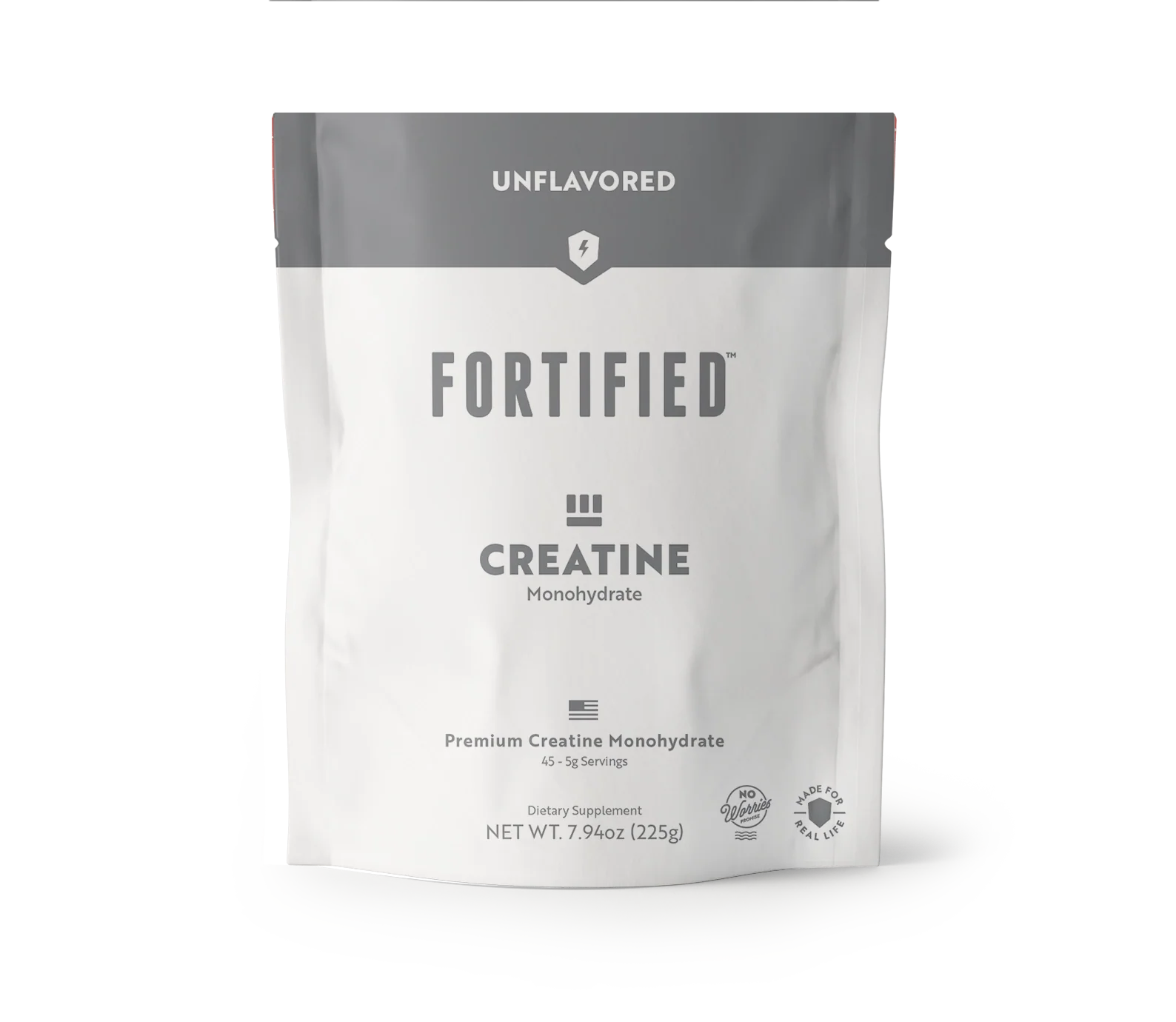 Fortified creatine monohydrate powder package on a white background