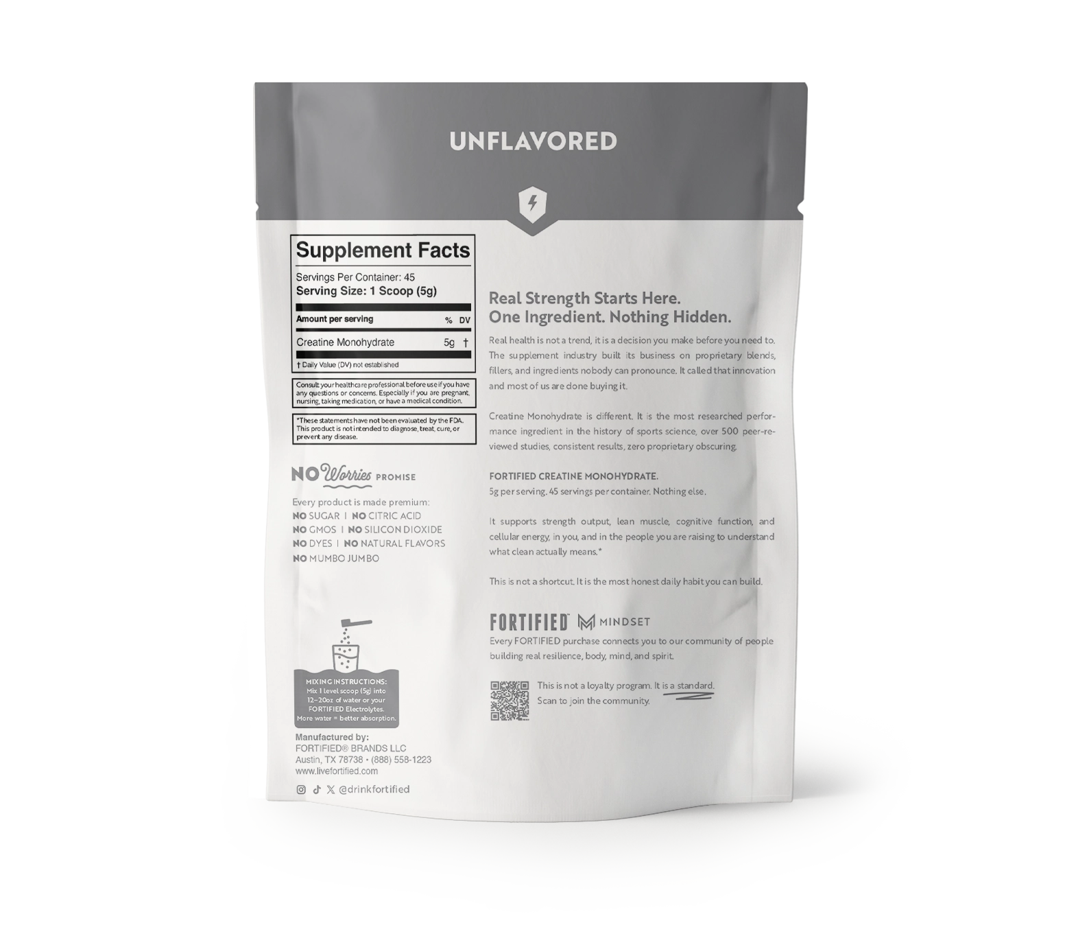 The back of a white and gray stand-up pouch package for an unflavored supplement, showing Supplement Facts, ingredients, and certification information on a white background.
