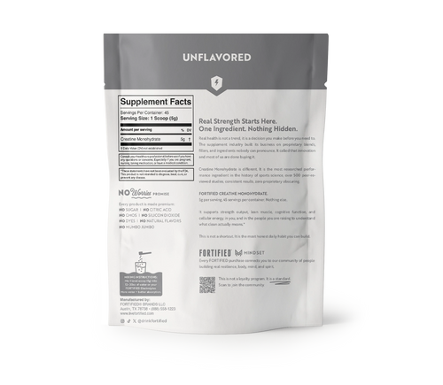 The back of a white and gray stand-up pouch package for an unflavored supplement, showing Supplement Facts, ingredients, and certification information on a white background.