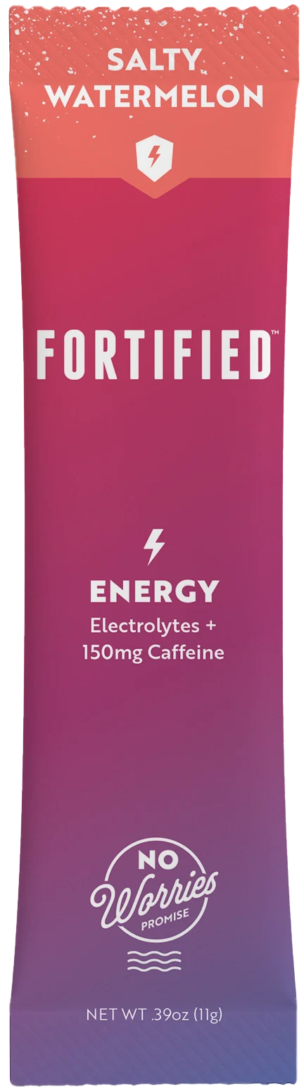 Fortified energy drink package with salty watermelon flavor on a white background