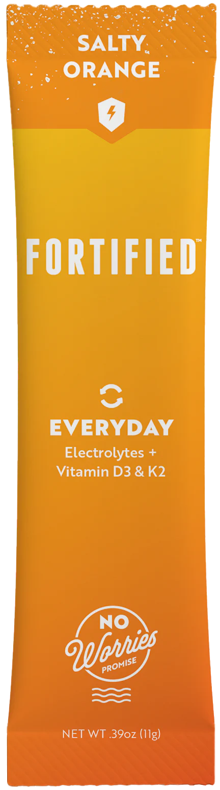 Orange packet of 'Everyday' fortified drink mix with text on a white background